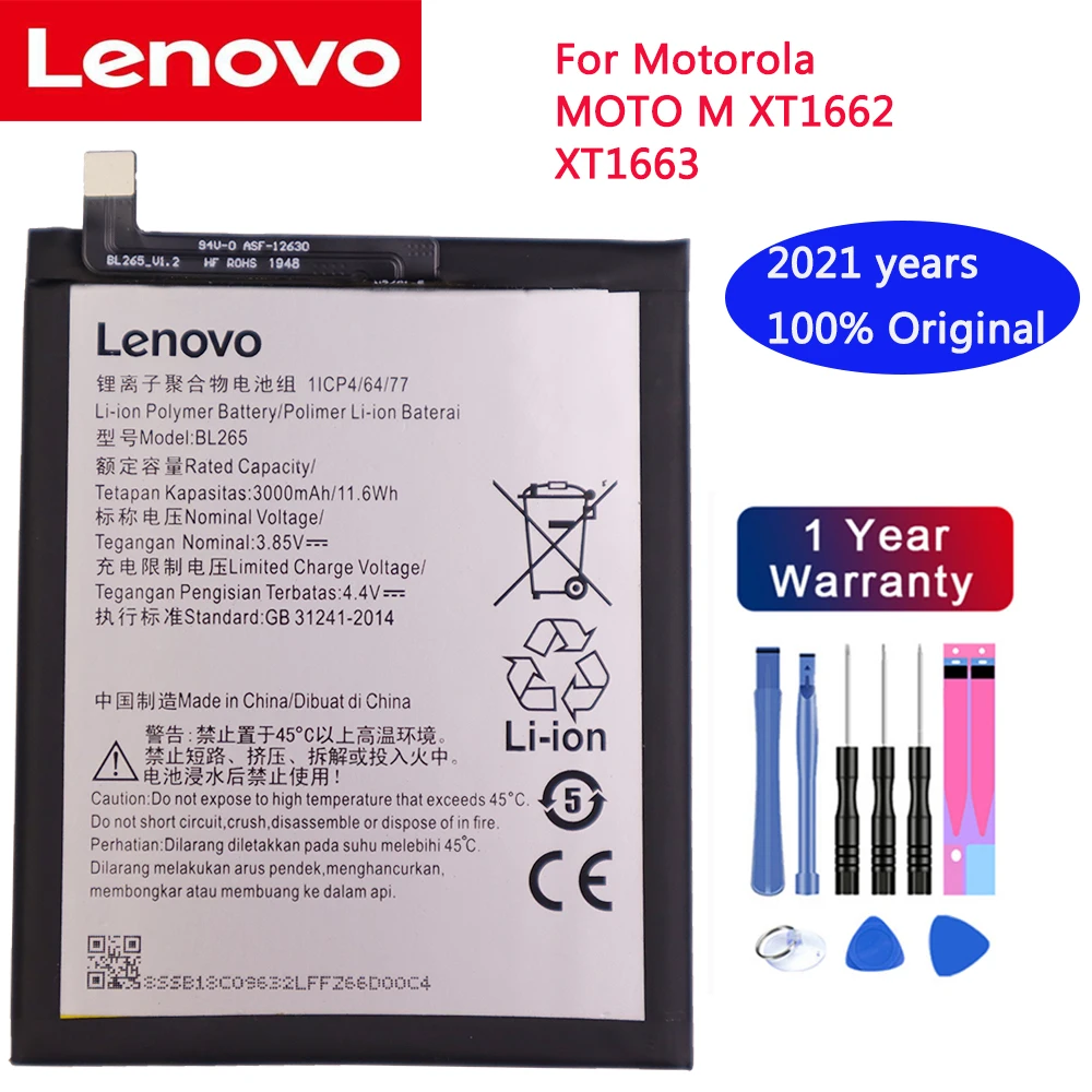 Lenovo oriģināls akumulators BL265 Lenovo XT1662 Baterija Motorola MOTO M XT1662 XT1663 3000mAh Batterie+bezmaksas Rīki 2
