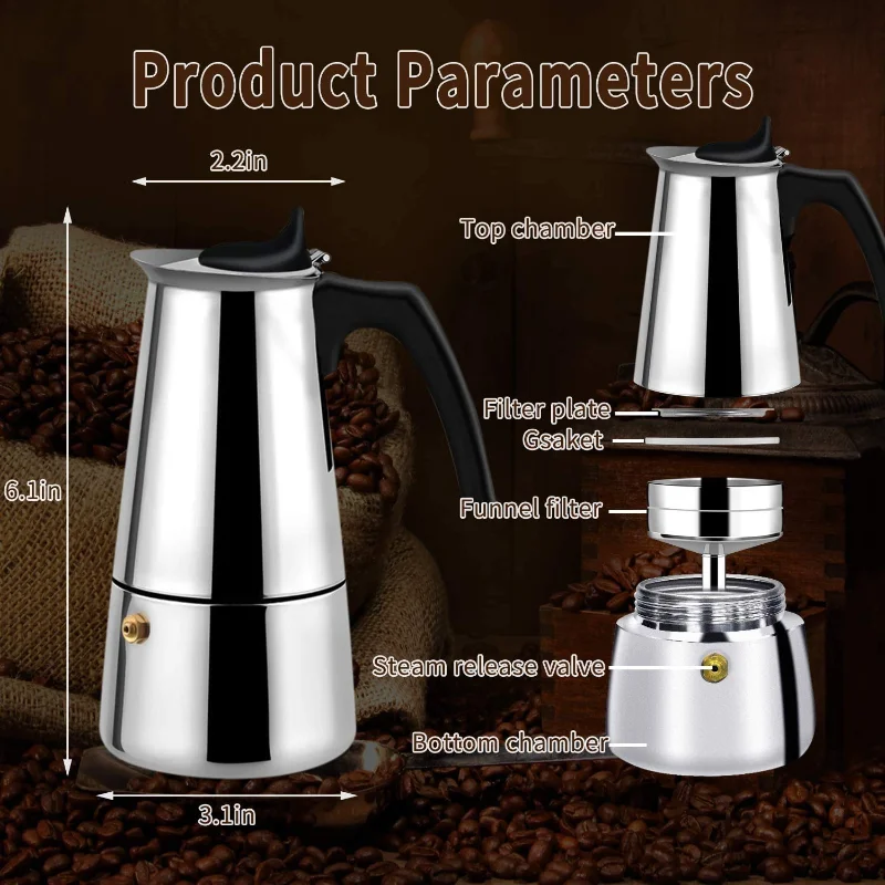 Moka Kafijas kanna Espresso, Latte Kāstuve Plīts, Kafijas automāts Espresso Pot itāļu Kafijas Automāts 200/300/450ml Nerūsējošā Tērauda 5
