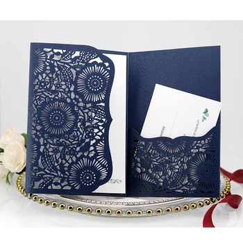 1gb Zilo Lāzeru Griezti Kāzu Ielūgumi Kartes Elegants Tri-Reizes Mežģīnes Biznesa RSVP Apsveikuma kartiņu, Kāzu svinības par Labu Rotājumi