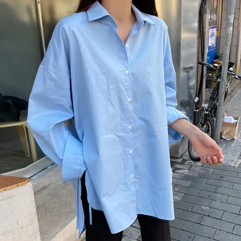 Rudens Jaunās Korejas Modes Ikdienas Krekls Ar Garām Piedurknēm Blūze Kokvilnas Zils Krekls Shirring Blusas Zaudēt Lielajam Krekli, Sieviešu 15903