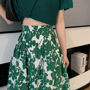 Svārki Sievietēm Drukāt Retro Slim Tautas Mīksto Korejiešu Stilā, Streetwear Atpūtas Krokas Studentiem Sieviete Zaļā Modes Apģērbi Vasaras