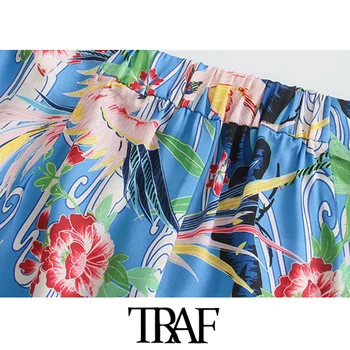 TRAF Sieviešu Modes Ziedu Drukāt Zaudēt Izlīdzināšanu Bikses Vintage Augsti Elastīgs Viduklis Rāvējslēdzēju Lidot Sieviešu Apavi Bikses Mujer