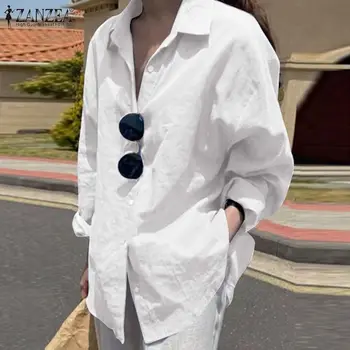 ZANZEA Modes Sieviešu Rudens garām Piedurknēm Atpakaļ Sadalīt Blūze Elegants Atloks Kaklu, Baltu Kreklu Pogas Blusas Gadījuma Vaļēju Tunika Topi