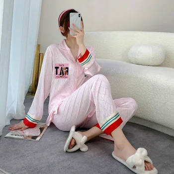 Pidžamas Komplekts Sievietēm Rozā Drukāt Luksusa Stila Sleepwear Long Sleeve Zīda Bikses, Piemēram, Atpūtas Mājas, Drēbes, Divi Gabali Femme Homewear