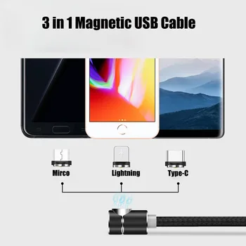 FOXSUN 3 1 90 Grādu Grozāms Magnētisko Kabelis Zibens +C Tipa+Micro Pīts USB Vads iPhone 8 7 6Plus Samsung