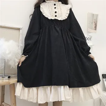 Japāņu Stils Ir 2021. Rudens Sieviešu Kleitas, O-veida Kakla Augsta Vidukļa Novājēšanu Kontrasta Krāsu Mežģīņu Kawaii Cute Salds Lolita Kleita melna