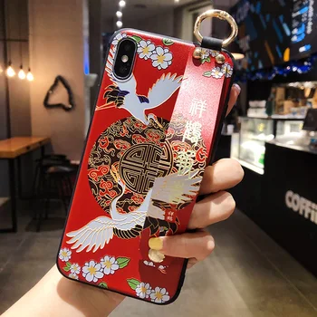 Ķīniešu Stilā Putnu Ziedu Delnas Siksniņas Telefonu Gadījumā iPhone 12 Pro Max Mini 11 6S 6 7 8 Plus X XR XS Max Turētāja Vāku Būtiska