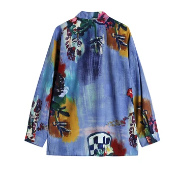 Ir 2021. Jaunu Modes Vintage Print Sieviešu Blūzes ar garām Piedurknēm Savukārt Apkakle Korejas Blūze, Krekls Ikdienas Topi Elegants Darbs, Šiks Krekls