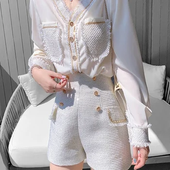 Korejas Modes Streetwear Tvīda 2 Gabals, Kas Sieviešu Krekls Ar Garām Piedurknēm Blūze Topi + Bikses Komplektus Vintage Divas Gabals Elsas Uzvalki