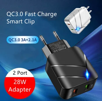 QC3.0 28W USB Ātri Ceļojumu Adapteri no Tālruņa Lādētājs, 2 USB Ports ES MUMS Kontaktdakšu Sienas Maksu Par Mobilo Iphone 11 12 Samsung, Huawei Xiaomi